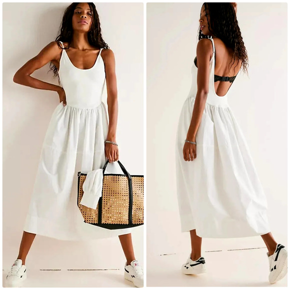 Free People Dylan Midi Dress Womens Medium Boho Poplin Knit Open Back Peasant - Picture 2 of 13